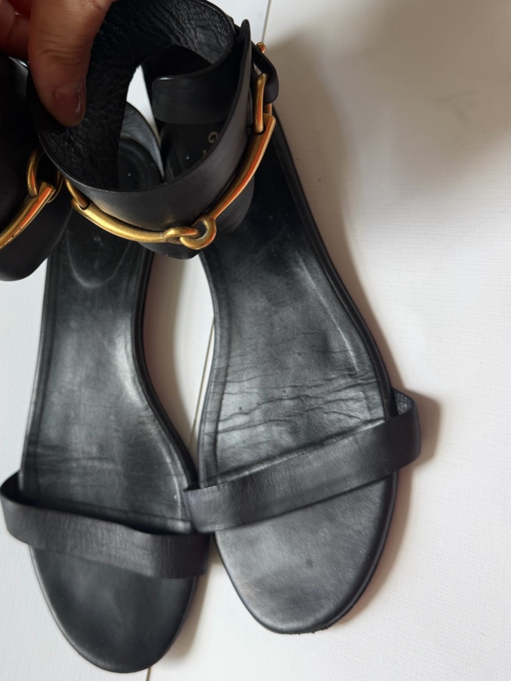 Gucci Black Leather Ankle-Cuff Sandals with Gold Hardware